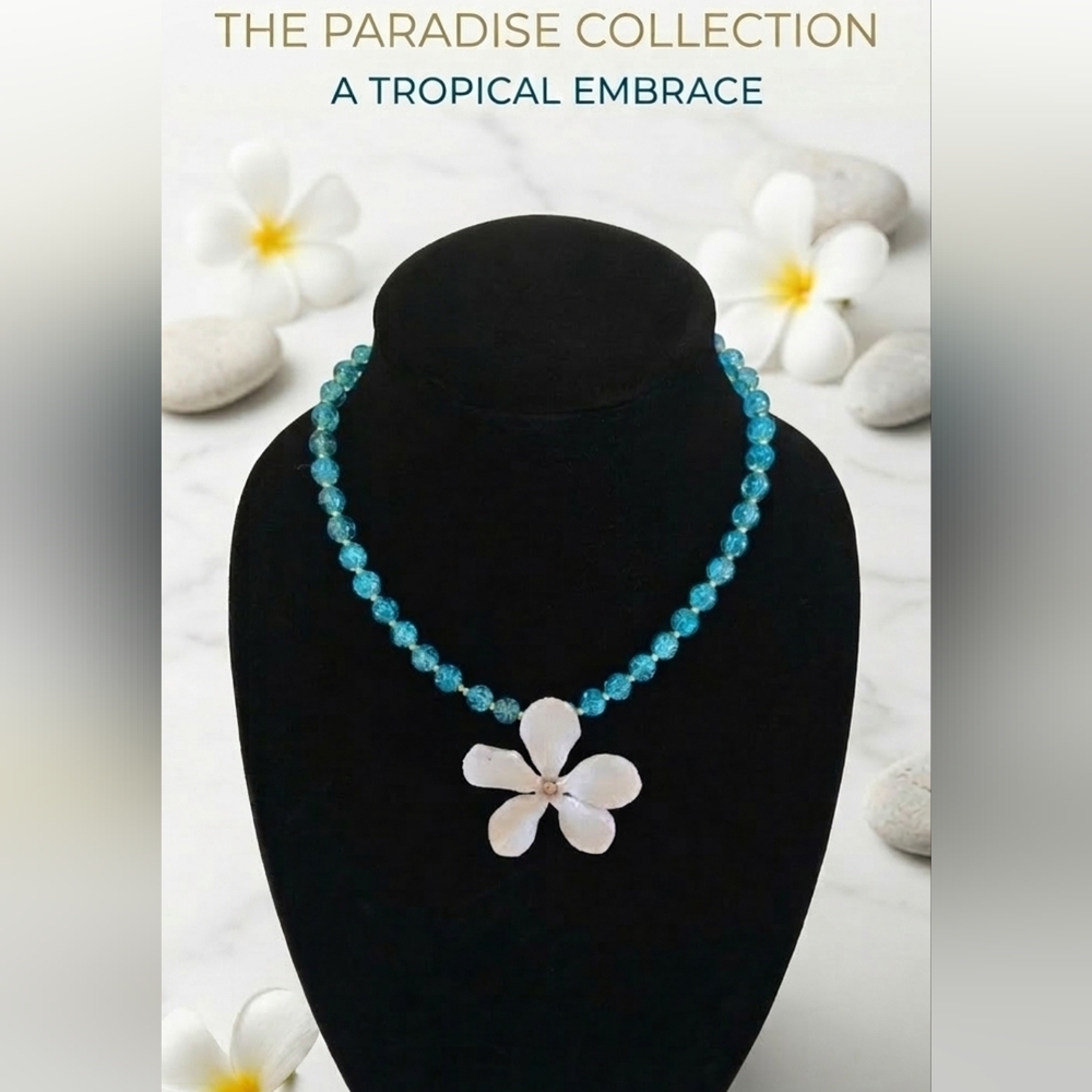 Elegant Blue Beaded Necklace with cyclamen White Flower Pendant